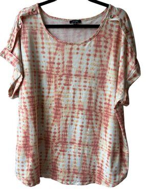 3X A.U.W. Tie Dye Appearance Cap Sleeve Shirt Blouse Stretch Gold Accent Coral